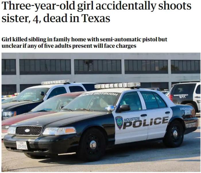 悲剧！美国得州3岁女孩家中意外开枪打死4岁姐姐